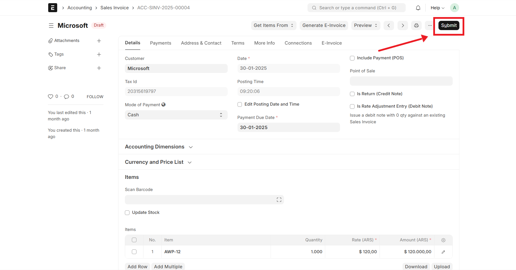 Submit Sales Invoice